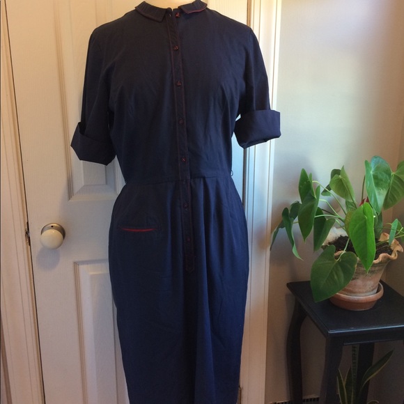 Vintage Navy Blue W/ Red Trim Womans Uniform Dress - Picture 7 of 8